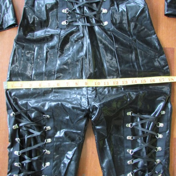Black Shiny Wet Look Catsuit with Lacing and Cat Ears - Picture 8 of 11